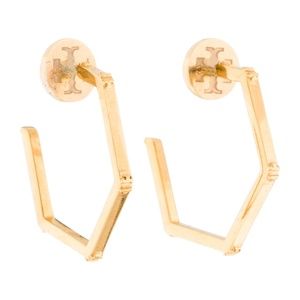 Tory Burch gold hexagonal hoop earrings with logos